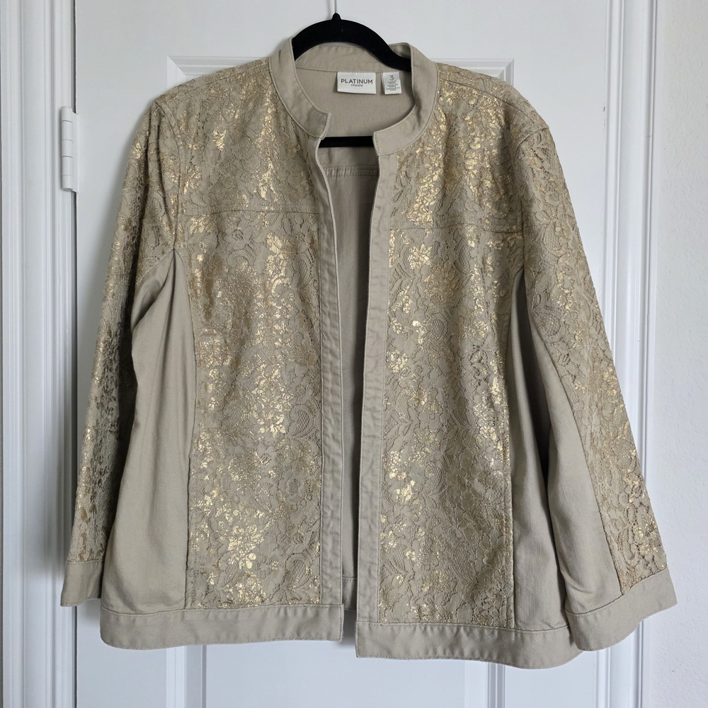 Chico’s Gold Lace Overlay Open Front Blazer (Size 3 - 16/18)
